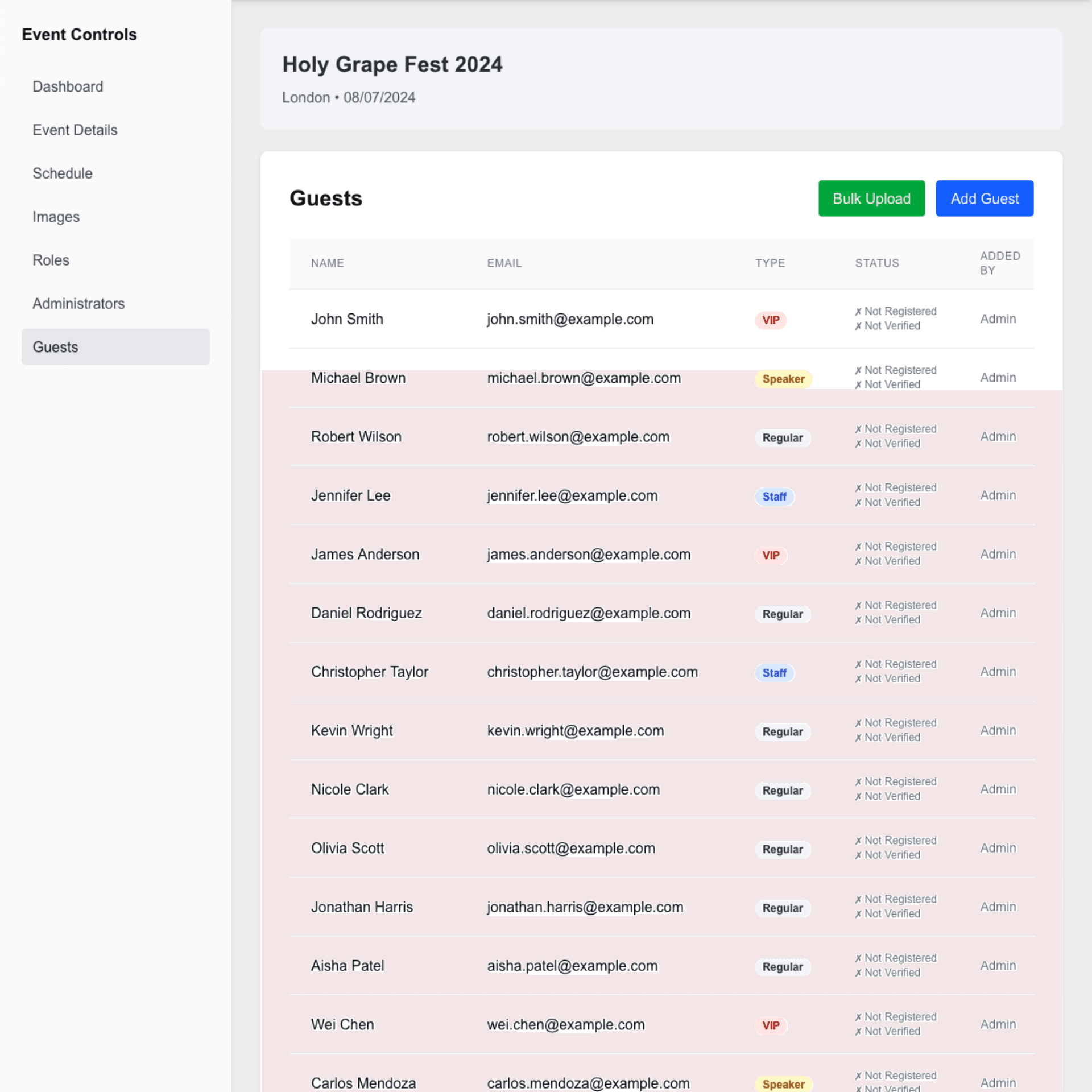 Comprehensive guest management dashboard with filtering and search capabilities