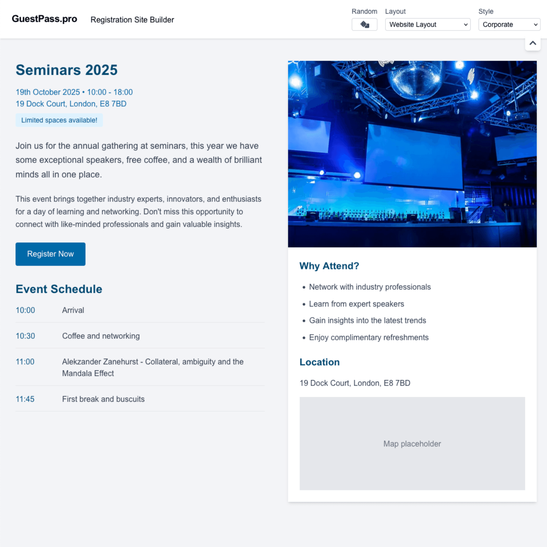 Interactive drag-and-drop builder interface for creating registration sites